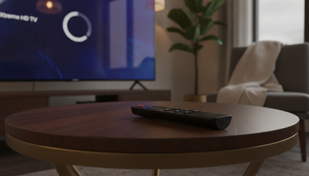 A close-up view of a Firestick remote in the foreground, resting on an elegantly designed coffee table. The TV screen in the middle ground displays a spinning loading icon, symbolizing a loading issue, with a blurred image of the "Xtreme HD TV" app interface behind it. Soft, ambient lighting creates a warm atmosphere, while a faint reflection of the living room is visible on the TV screen. The background features subtle hints of modern décor, like a stylish plant and a cozy blanket draped over a chair. The overall mood is slightly tense, capturing the frustration of a tech issue, yet with an inviting home setting. The perspective is from a low angle, emphasizing the remote and the loading screen. A close-up view of a Firestick remote in the foreground, resting on an elegantly designed coffee table. The TV screen in the middle ground displays a spinning loading icon, symbolizing a loading issue, with a blurred image of the "Xtreme HD TV" app interface behind it. Soft, ambient lighting creates a warm atmosphere, while a faint reflection of the living room is visible on the TV screen. The background features subtle hints of modern décor, like a stylish plant and a cozy blanket draped over a chair. The overall mood is slightly tense, capturing the frustration of a tech issue, yet with an inviting home setting. The perspective is from a low angle, emphasizing the remote and the loading screen.