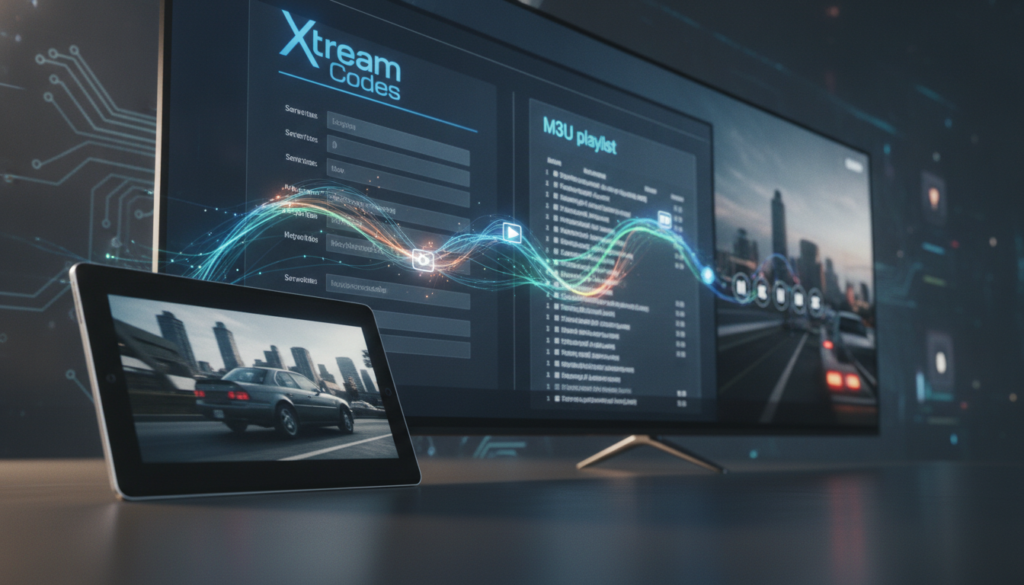 A close-up view of a digital interface showcasing "Xtream Codes" on one side and an "M3U playlist" on the other. In the foreground, there are sleek, modern devices like a tablet and a smart TV displaying vibrant streaming content. The middle layer features abstract representations of data flow, with colorful streaming icons and network lines connecting the two methods. In the background, a subtle, tech-themed blur suggests advanced technology and innovation. The lighting is soft and warm, creating an inviting atmosphere, while the focus is sharp on the devices to convey clarity and ease of use. Use a cinematic angle to enhance depth and provide a professional, informative look.