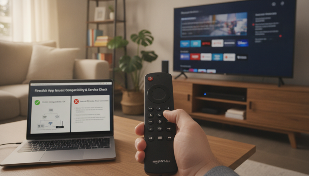 A close-up view of a modern living room featuring a Firestick plugged into a TV, with a focus on a hand holding a remote control. The background shows a cozy couch and decorative elements like plants and bookshelves, creating a warm and inviting atmosphere. In the foreground, a laptop displays a troubleshooting guide with clear visuals, indicating compatibility checks and service status. Soft, natural lighting filters through a window, enhancing the relaxed mood. The camera angle captures both the remote in hand and the laptop screen, suggesting a proactive troubleshooting scenario. The image conveys a sense of clarity and focus, perfect for helping users resolve their Firestick app issues. A close-up view of a modern living room featuring a Firestick plugged into a TV, with a focus on a hand holding a remote control. The background shows a cozy couch and decorative elements like plants and bookshelves, creating a warm and inviting atmosphere. In the foreground, a laptop displays a troubleshooting guide with clear visuals, indicating compatibility checks and service status. Soft, natural lighting filters through a window, enhancing the relaxed mood. The camera angle captures both the remote in hand and the laptop screen, suggesting a proactive troubleshooting scenario. The image conveys a sense of clarity and focus, perfect for helping users resolve their Firestick app issues.