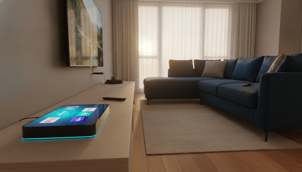 A modern living room scene highlighting an Android Box and a Firestick on a sleek, minimalist entertainment unit. In the foreground, the Android Box is displayed with a vibrant, glowing interface showing various streaming options, while the Firestick is plugged into a stylish flat-screen TV. The middle ground features a comfortable sofa with a remote control nearby. In the background, large windows let in soft, natural light, creating a warm, inviting atmosphere. The color palette includes deep blues and warm woods, emphasizing a cozy, high-tech vibe. The camera angle is slightly tilted to create a dynamic perspective, focusing on the devices while capturing the homely setting. Overall, the mood is relaxed and tech-savvy, perfect for illustrating streaming choices.