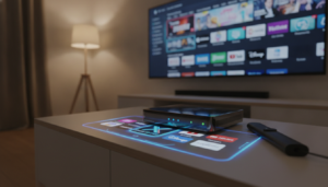 A modern, sleek Android TV box and a stylish Amazon Fire Stick, positioned prominently on a clean, minimalist entertainment unit. The TV box has glowing LED indicators to suggest active streaming capabilities. Surrounding them, a vibrant Android interface displaying various app icons, representing Xtreme HD IPTV as the focal point. In the background, a large flat-screen TV displaying colorful content from the Xtreme HD IPTV service. The room is softly lit with warm ambient lighting, enhancing a cozy atmosphere, while the focus is sharp on the devices in the foreground. The perspective captures both devices from a slight low angle, giving them prominence and depth. This setting evokes excitement and modern entertainment technology, showcasing compatibility and app options.