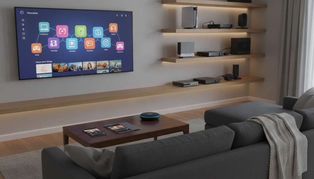 A sleek, modern living room with a large, flat-screen TV displaying a vibrant streaming interface on the screen, showcasing various app icons symbolizing compatibility with different devices. In the foreground, a stylish coffee table holds a smartphone and a tablet, both featuring streaming apps open, while a wireless streaming device sits beside them. The middle ground includes a comfortable sofa with a cozy throw, illuminated by warm ambient lighting. The background reveals shelves filled with tech gadgets like gaming consoles and set-top boxes, conveying a tech-savvy environment. The scene has a relaxed, inviting atmosphere, highlighting the importance of checking device and app compatibility. Captured from a slightly elevated angle, the image features balanced lighting to enhance clarity and depth, creating a visually appealing portrayal of modern streaming technology.